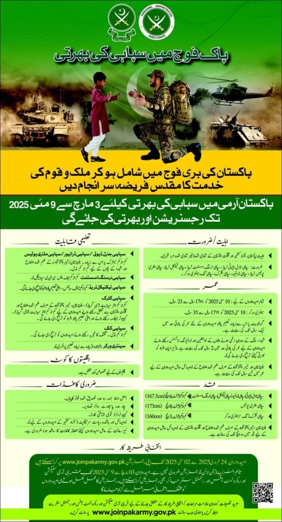 Pakistan Army General Duty Sipahi Jobs 2025 Apply online joinpakarmy.gov.pk