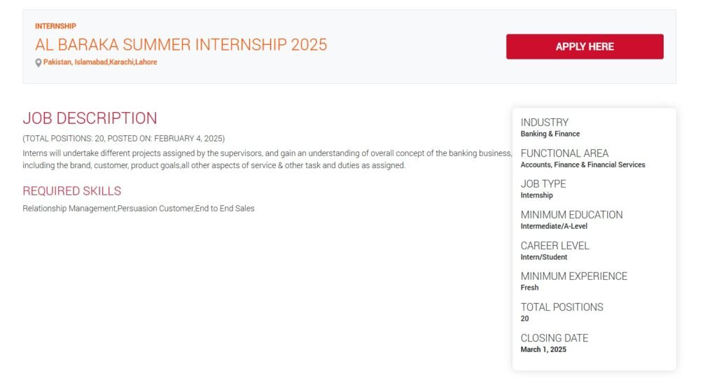 Al Baraka Summer Internship 2025 Advertisement