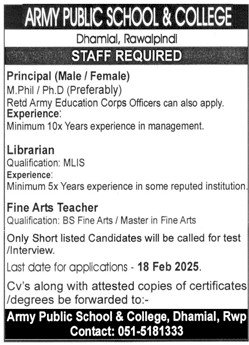 Army Public School APS Rawalpindi Jobs 2025