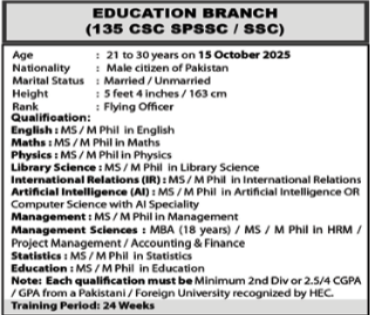 Pakistan Air Force PAF Education Branch Jobs 2025 for Teachers joinpaf.gov.pk