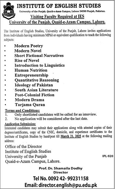 University of the Punjab Quaid-e-Azam Campus Lahore Visiting Faculty Jobs 2025 