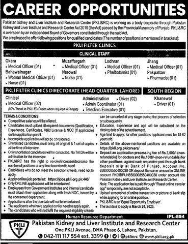 Pakistan Kidney and Liver Institute Lahore Jobs 2025