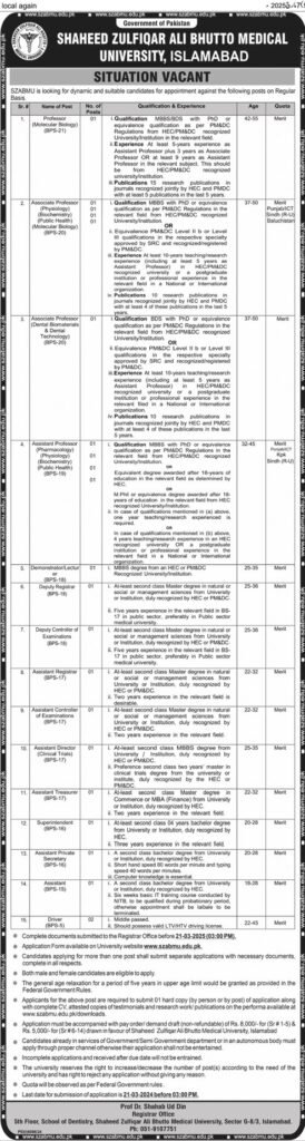 Shaheed Zulfiqar Ali Bhutto Medical University SZABMU Islamabad Jobs 2025